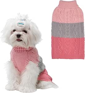 EXPAWLORER Dog Sweater with Leash Hole - Small Dog Fall Sweaters for Dogs Girls Boys,Classic Turtleneck Knitwear Dog Clothes for Cold Weather, Cable Knit Dog Outfit,Coat,Pet Apparel(Pink&Grey,Medium)