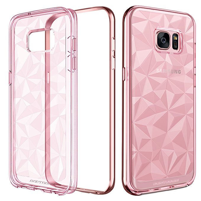 BENTOBEN Samsung Galaxy S7 Edge Case, Clear Crystal Slim 3D Geometric Design Soft TPU Hard PC Frame Hybrid Shockproof Protective Phone Cases for Samsung Galaxy S7 Edge (5.5 inch), Rose Gold