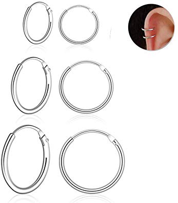 Sterling Silver Cartilage Hoop Earrings for Women Hypoallergenic Huggie Earring Endless Small Hoop Earrings Set, 3 Pairs Tragus Earrings (8mm/10mm/12mm)