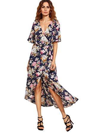 Milumia Women's Floral Print Tie-Waist Split Wrap Maxi Dress