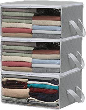 SimpleHouseware 3 Pack Foldable Closet Organizer Clothing Storage Box with Clear Window, Grey