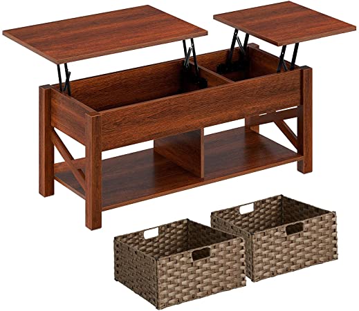 Rolanstar Lift Top Coffee Table with Storage and Rattan Baskets, Rustic Wood Raisable Top Central Table for Living Room, Hidden Compartment Shelf Two-Way Lift Tabletop, Espresso