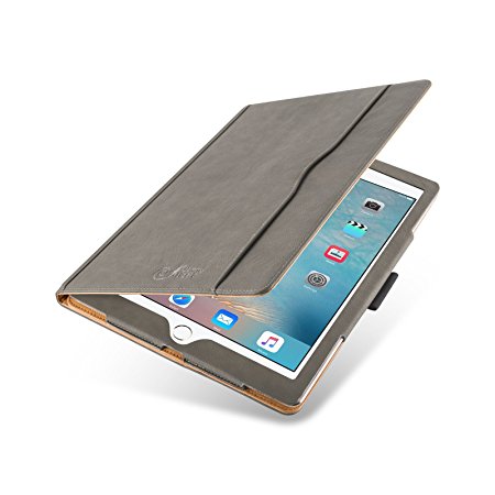 iPad Pro 12.9 Case - The Original Gray & Tan Leather Smart Cover for iPad Pro 12.9" (2017), with Pencil Holder & Stylus