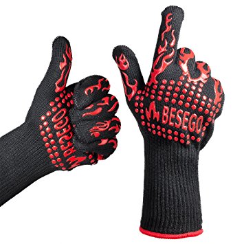 BESEGO 932°F Heat Resistant BBQ Gloves, Grilling Fire Gloves, 100% Cotton Lining Aramid for Comfortable Cooking