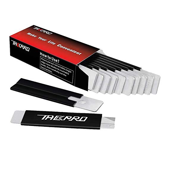 Tackpro Box Cutter Retractable Package Opener, Single Edge Razor Blade Carton Cutter, 12 per Box, Handy Mini Box Opener Compact Cutting Tools (Black)