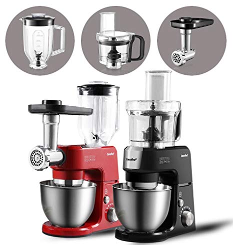 Die Cast 7-in-1 Multi Function Tilt-Head Stand Mixer, 7 Speeds & Pulse, with SUS Mixing Bowl, Whisk, Hook, Beater, Splash Guard.4 Outlets,15 Minutes Timer Planetary Mixer 2.6Qt by Comfee (Attachments)