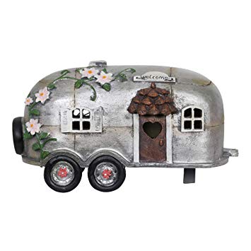 Exhart Fairy Camping Trailer Statue w/Solar Accent Lights - Mini Silver Camper Trailer Resin Statue – Ideal Garden Décor for Camping Fairy Park, Campground, Trailer Park and More 5" L x 10" W x 6" H