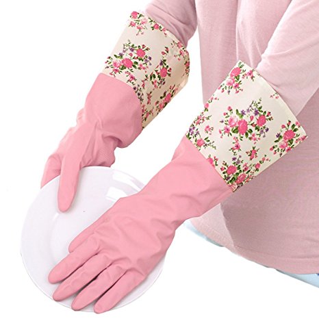 Winter Water Stop Fleece Warmer Floral Flower Latex Rubber Gloves Dishwashing Gloves Kitchen Gloves Pink