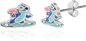 Disney Stitch Stud Earrings for Women, Silver Flash-Plated Lilo and Stitch Surfing Jewelry, Official License