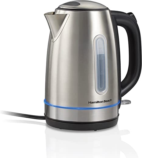 Hamilton Beach Electric Tea Kettle, Water Boiler & Heater, 1.7 L, Cordless, Auto-Shutoff and Boil-Dry Protection, Stainless Steel with LED Light Ring (41037)