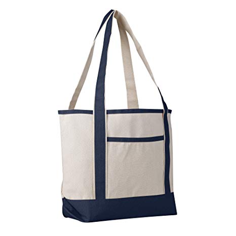 Canvas Boat Tote Bag - 18 inch - Wide Heavy Duty Sturdy & Reusable with Inside Zipper Pocket Cotton Canvas Beach Weekender Travel Luggage Totes for Women, Men, Kids, Girls, Boys (Navy)