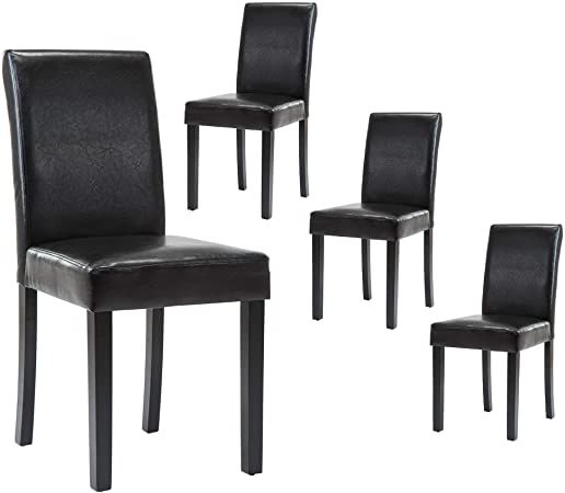 LSSBOUGHT Set of 4 Urban Style Leatherette Dining Chairs Black Dining Room Chair with Solid Wood Legs,Set of 4(Black)