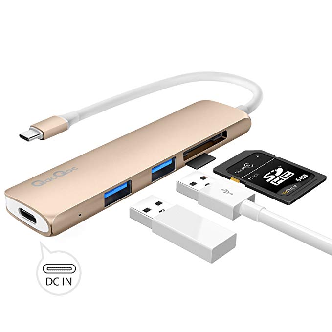 USB C Hub Adapter,QacQoc GN22A Type C Converter with Type C Pass Through Charging,SD/Micro Card Reader and 2 USB 3.0 (Gold)