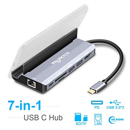 USB C Hub, Rocketek 7-in-1 Type C Hub with 1000M Ethernet Port, 4K USB C to HDMI, 2 USB 3.0 Ports, SD/TF Card Reader,60W Pd Charging Port Compatible for MacBook and Type C Laptops(Thunderbolt 3)