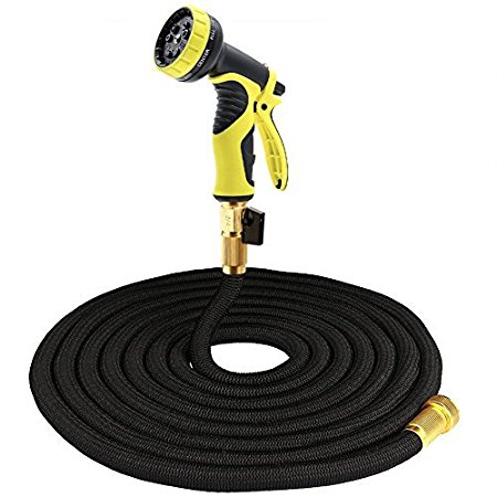 Tespressolife Durable Expandable Strongest Garden Water Hose with Solid Brass Connector and 9 function Spray Nozzle for Plants, Cleaning Windows/Floor, Washing Cars/Pets, Black