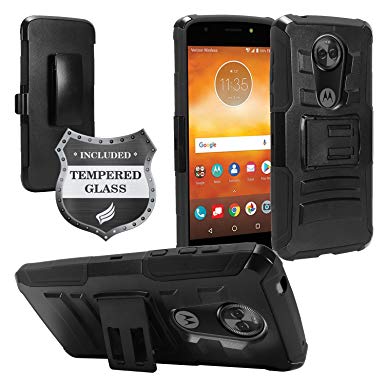 For Motorola Moto E5 Plus, Moto E5 Supra XT1924 - Hybrid Armor Case w/Stand/Belt Clip Holster   Tempered Glass Screen Protector - CV1 Black