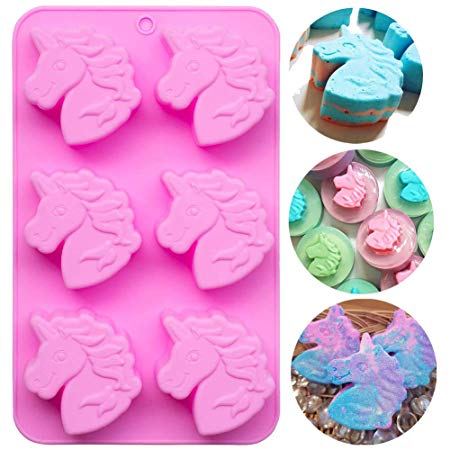 Palksky Unicorn Mold/6 Cavities Silicone Soap Molds/Unicorn Bath Bomb Mold, Baking Muffin Cake Pan for Pudding Loaf Brownie Cornbread Cheesecake Chocolate Candy Jelly Resin Crayon Lotion Bars Ice