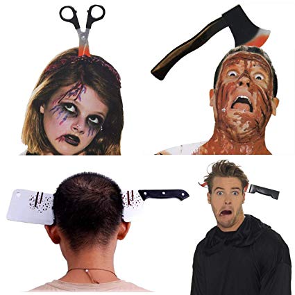 Halloween Costume Scary Weapon Headbands, 4 Packs Rubber Plastic Knife Axe Cleaver and Scissor Through Head, Zombie Accessories Makeup for Teen Girls Boys Men Women Adults Clearance Gifts