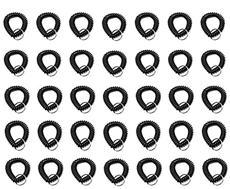 Pack of 35 Stretchable Plastic Bracelet Wrist Coil Wrist band Key Ring Chain Holder Tag (BLACK COLOR)