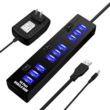 USB 3.0 Hub,ELEGIANT USB 3.0 HUB 10 Port USB HUB,9 Data Transfer Port and a 5V2A Charging Port with Separated Switches and LEDs for Windows XP Vista 7 8 8.1 10 Mac Linux iPhone iPad Samsung Motorola HTC and More