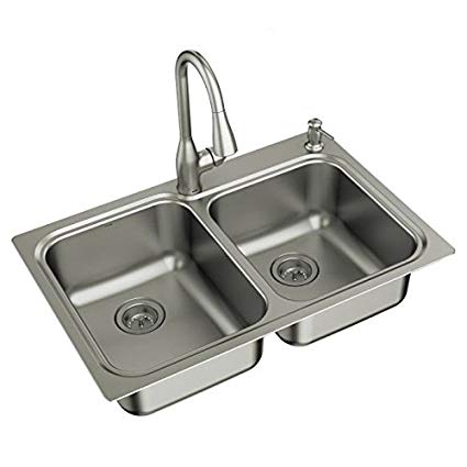 Moen 21538 Kelsa Faucet & Sink Combination-33 x 22" 18 Gauge Double Bowl, Stainless Steel