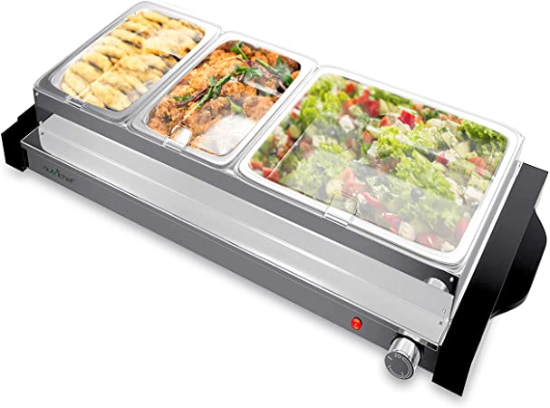 NutriChef Hot Plate Food Warmer Triple Buffet Server Chafing Dish Set, Portable Countertop Stainless Steel Electric Warming Tray w/ 3 Section 1.6, 3.2 Qt Serving Containers, Lids, Large, Black