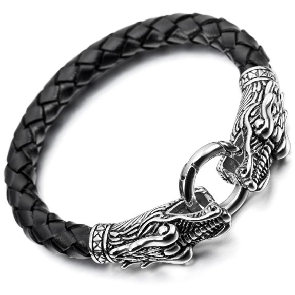 Silver Black Stainless Steel Leather Bracelet Bangle Cuff Double Dragon