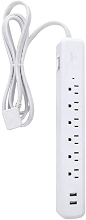 Globe Electric Designer Series 6ft 6-Outlet Power Strip, 2X USB Ports (5V/3.1A), Surge Protector, Right Angle Plug, Circuit Breaker Switch, White Finish, Silver Fabric Cord 78361, 2