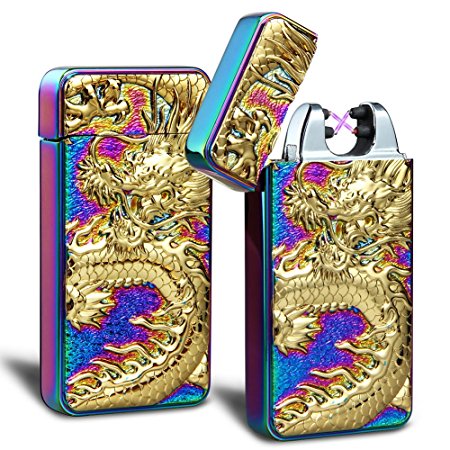 Kivors USB Rechargeable Windproof Flameless Electronic Double Pulse Arc Cigarette Lighter Belief Chinese Dragon Lighter