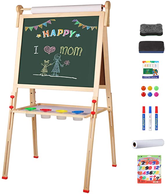 YOHOOLYO Kids Wooden Art Easel with Paper Roll, Double Sided Whiteboard Chalkboard Children Easel,Adjustable Height Magnetic Dry Easel Drawing with Kids Art Easel Playset for Boys Girls Gifts