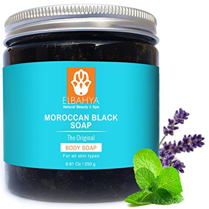 Elbahya Moroccan Black Soap with Lavender Essential Oil & Mint. Include Exfoliating Hammam Glove - Never Tested on Animals - Best Gift for Men, Women and Mom. Comes In Gift Package (250g/8.81oz)