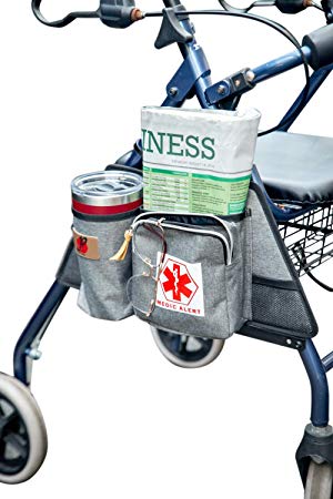 Rollator Walker Attachment Side Bag with Cup Holder by P&F, Deluxe Rolling Walker Pouch, Adult Folding Walker Accessories for Seniors or Elderly (Gray)