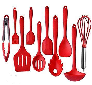Ziaon Silicone Heat-Resistant Non-Stick Kitchen Utensil Set Cooking Tools, Whisk, Spoon, Brush, Spatula, Ladle Slotted Turner Tongs Pasta Fork (Cherry red)