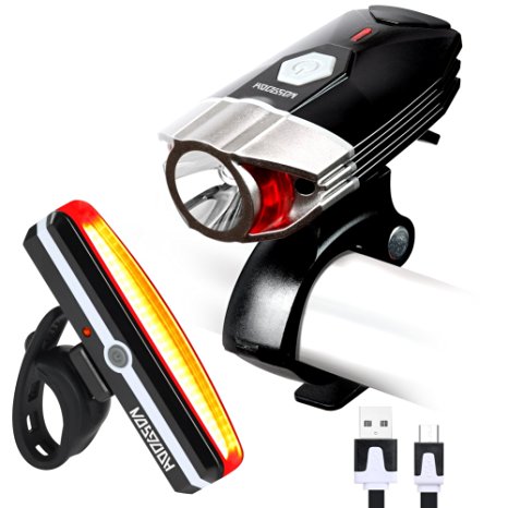 HODGSON USB Rechargeable Bike Light set, Super Bright 370  Lumens Bike Front Light and LED Bike Tail Light set, Splash-proof and Easy to Install & Remove for Safe Cycling