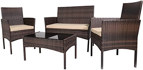 Patio Furniture Sets 4 Pieces Outdoor Patio Set Rattan Chair Wicker Sofa Conversation Set Patio Chair Wicker Set with Table Backyard Lawn Porch Garden Poolside Balcony Furniture (Brown and Beige)