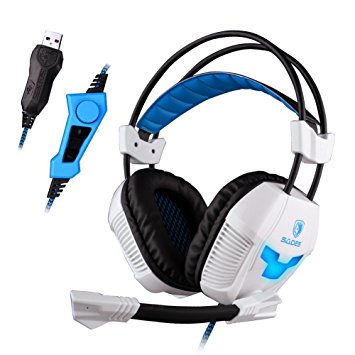 SADES A30S Pro Over Ear USB Surround Sound Stereo PC Gaming Headphones with Microphone Vibration Volume Control LED light (White)