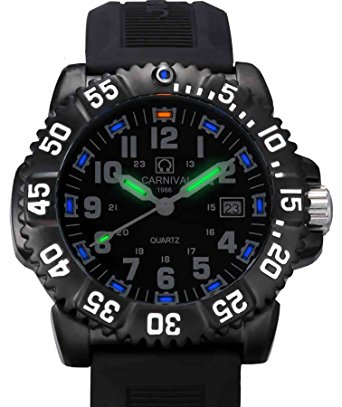 Men's Tritium Luminous Watch H3 Rotatable Bezel Stainless Steel Case Rubber Band Military Quartz Watches