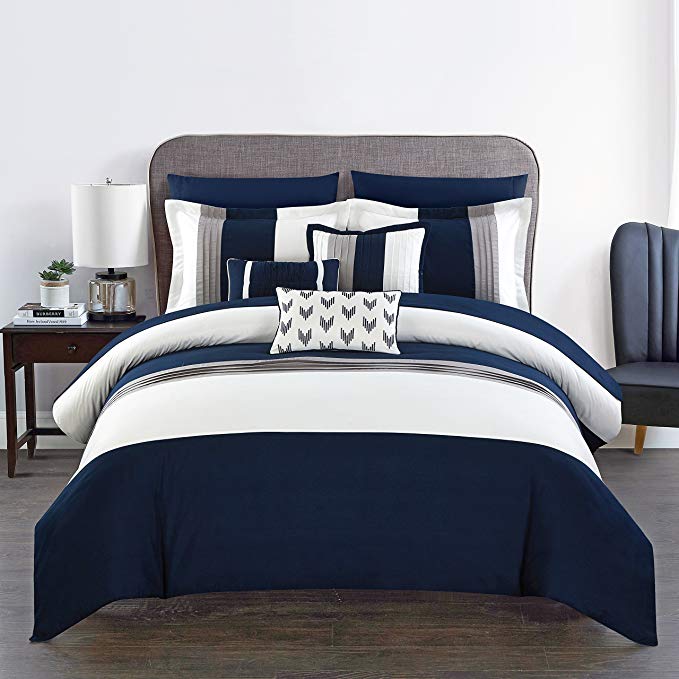 Chic Home Ayelet 10 Piece Comforter Set Color Block Ruffled Bag Bedding, Queen, Navy