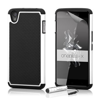 32nd® Shock proof dual defender case cover for OnePlus X mobile phone, including touch stylus - White