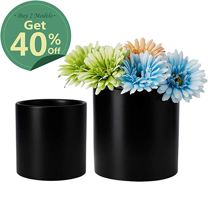 Greenaholics Plant Pots - 5.9   4.7 Inch Matt Ceramic Container with drainage hole for Flower, Cactus, Succulent Planting, Set of 2, Black