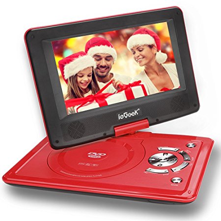 [Improved Battery] ieGeek 12.5" Portable DVD Player with 360° Swivel Screen, 5 Hour Rechargeable Battery, Supports SD Card and USB, Direct Play in Formats MP4/AVI/RMVB/MP3/JPEG, Red