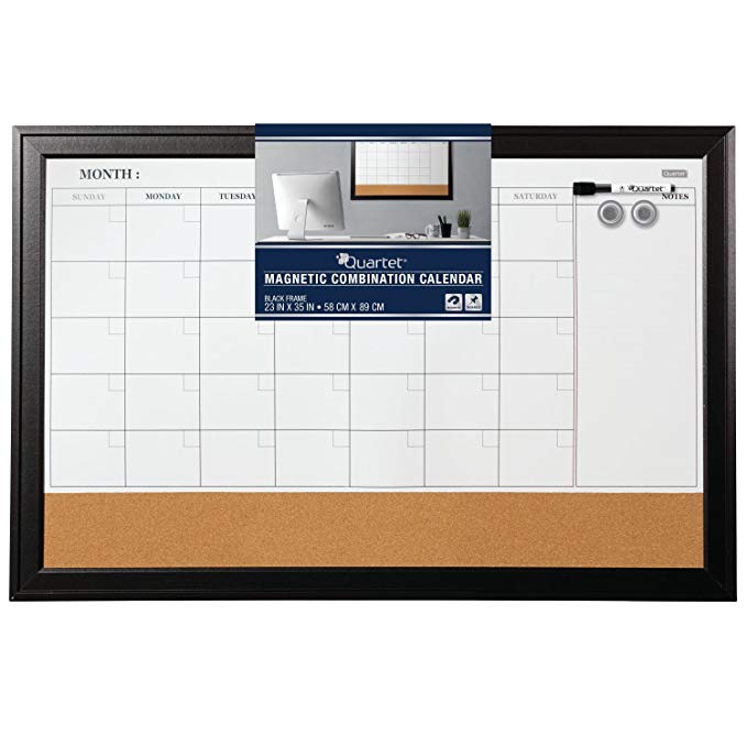 Quartet Combination Magnetic Whiteboard Calendar & Corkboard, 23" x 25" Combo White Board & Cork Board, Ebony Frame (79284)