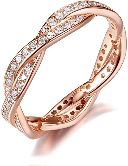 Presentski Wheel of Fortune Ring Silver Rose Gold-Plated, Twist Eternity Love Band Rings with Cubic Zirconia for Women