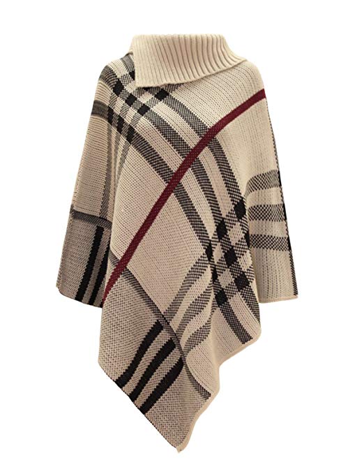 Women's Checked Knitted Winter Tartan Cape Stylished Poncho Stone One Size