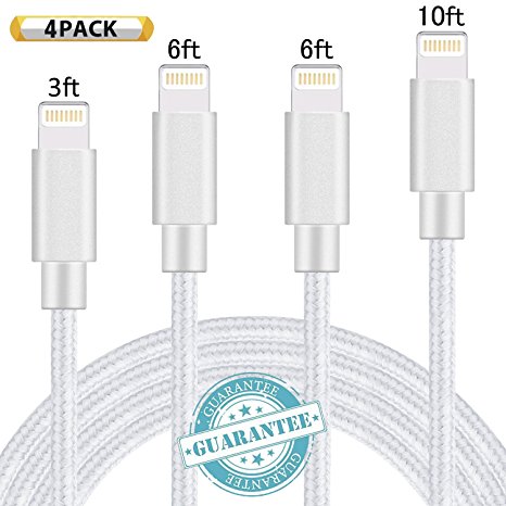 DANTENG Lightning Cable 4Pack 3FT 6FT 6FT 10FT Nylon Braided Certified iPhone Cable USB Cord Charging Charger for Apple iPhone 7, 7 Plus, 6, 6s, 6 , 5, 5c, 5s, SE, iPad, iPod Nano, iPod Touch (Silver)