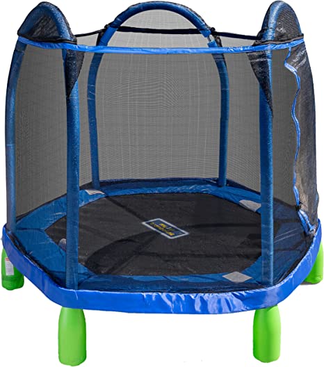 Sportspower Kid's Outdoor My First Trampoline with Zippered Safety Net Enclosure, 7FT, Blue/Green