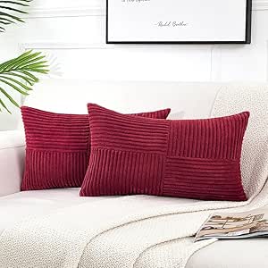 Fancy Homi 2 Packs Burgundy Long Lumbar Decorative Throw Pillow Covers 12x24 Inch for Couch Bed Sofa, Rustic Farmhouse Boho Home Decor, Soft Striped Corduroy Rectangle Accent Cushion Case 30x60 cm