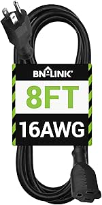 BN-LINK 8 ft Indoor/Outdoor Extension Cord 16/3 SJTW, Black, Water & Weather Resistant, 3-Prong Grounded Plug for Landscaping & Holiday Decorations, Home & Office, 13A ETL