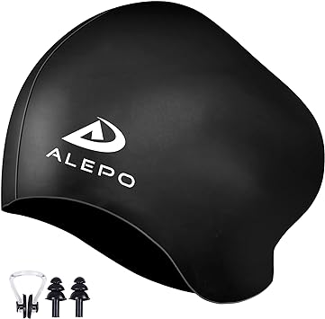 Alepo Swimming Cap Women Men, High Elasticity Thick Silicone Swimming Hat for Long Hair Unisex Adults, Bathing Swim Cap with Ear Plugs and Nose Clip, Keep Your Hair Dry