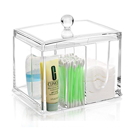 My Bathroom Canister | Deluxe All-In-One Clear Acrylic Canister with Lid, 4 Partitions To Store Cotton Swab, Makeup Pads, Jewelries, Craft/Office Supplies, and Small Items, 6.1 x 4.5 x 5.5inch